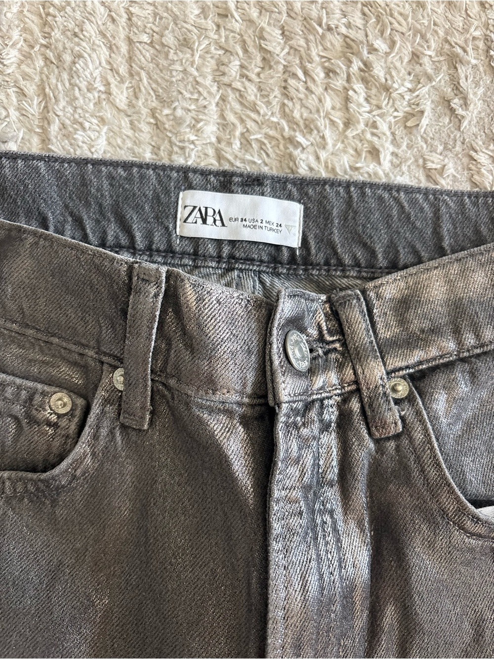 Zara Metallic Coated Straight Leg Jeans - Dark Silver / Gunmetal Grey Size 2 - Picture 3 of 6